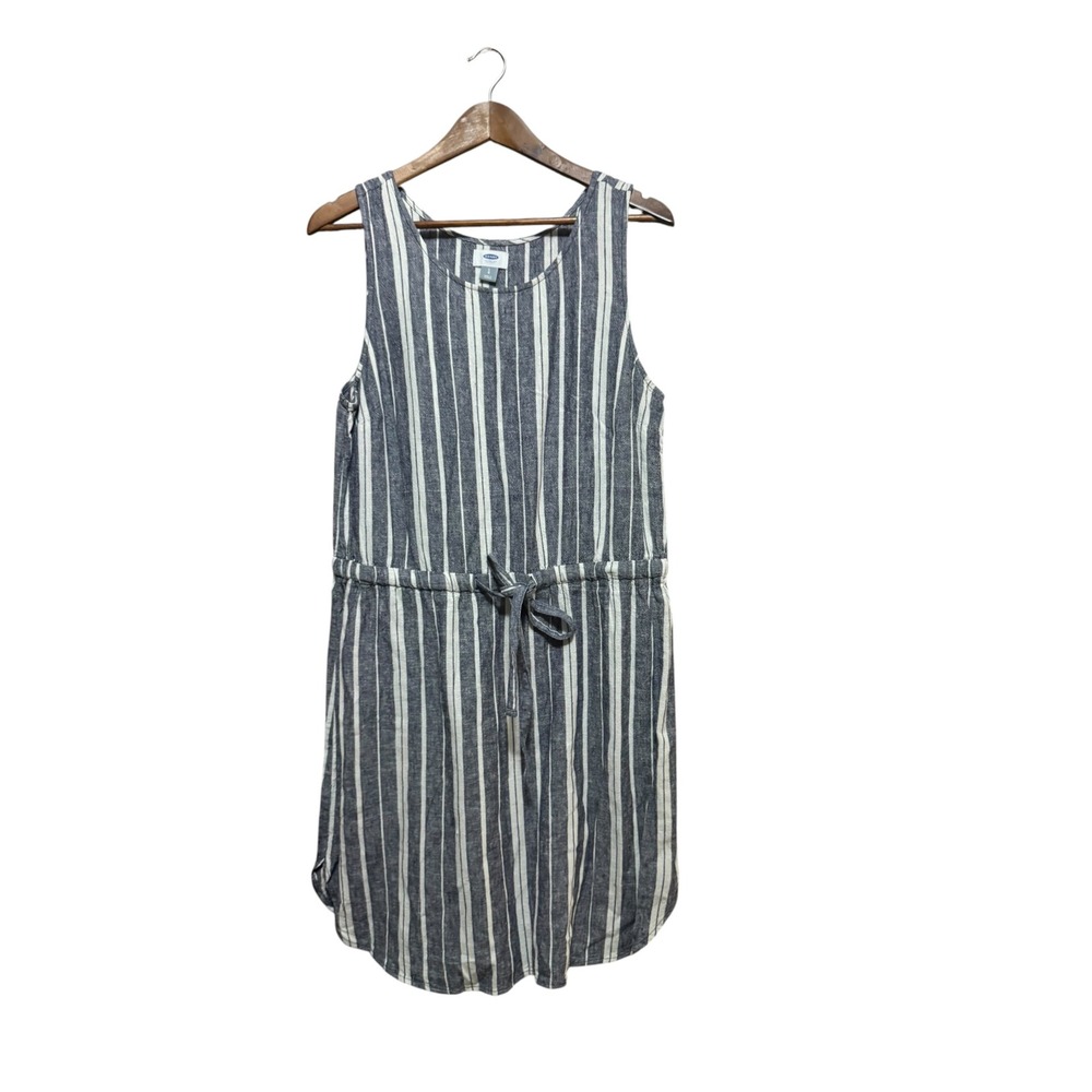 Old Navy Dress Womens Large Blue Striped Excellent Linen Blend Drawstring Waist